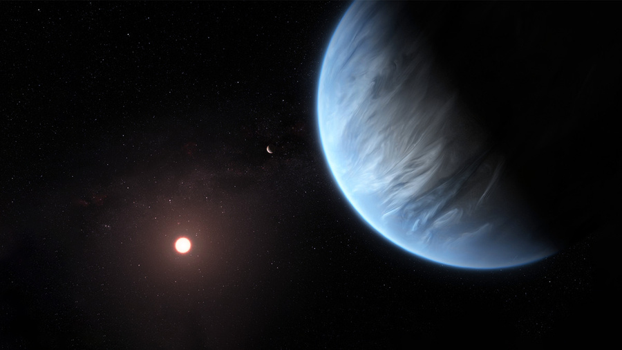 <p>Экзопланета K2-18 b в созвездии Льва в представлении художника. Обложка © <a href="https://commons.wikimedia.org/wiki/File:Esa-hubble-k2-18a_impression.jpg" target="_blank" rel="noopener noreferrer">Wikipedia / ESA / Hubble, M. Kornmesser</a></p>