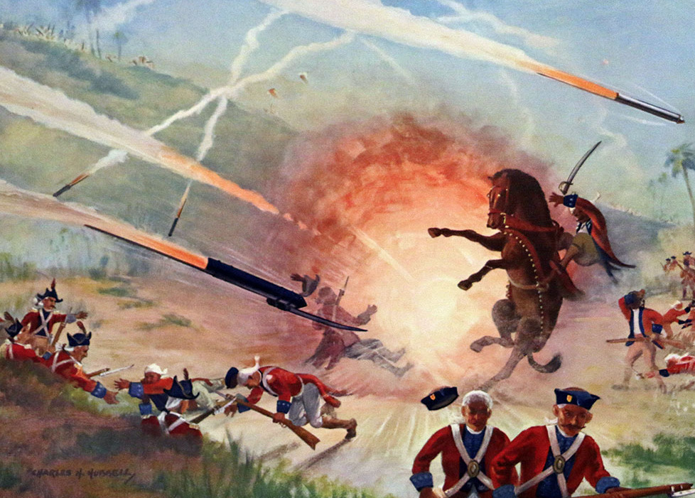 Картина, изображающая армию Типу Султана, сражающуюся с британскими войсками с помощью майсорских ракет. Чарльз Х. Хаббелл (1898–1971) © nasa.gov 