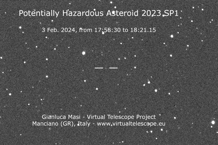 Потенциально опасный астероид 2023 SP1 во время наблюдений 3 февраля 2024 года (движущаяся точка в центре изображения). Видео © virtualtelescope.eu
