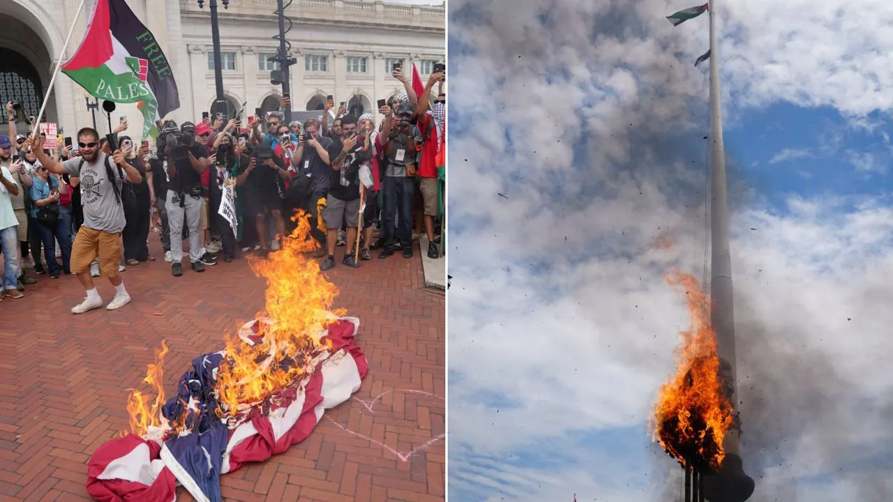 В Вашингтоне протестующие против Нетаньяху сожгли флаги США и заменили их на палестинские
