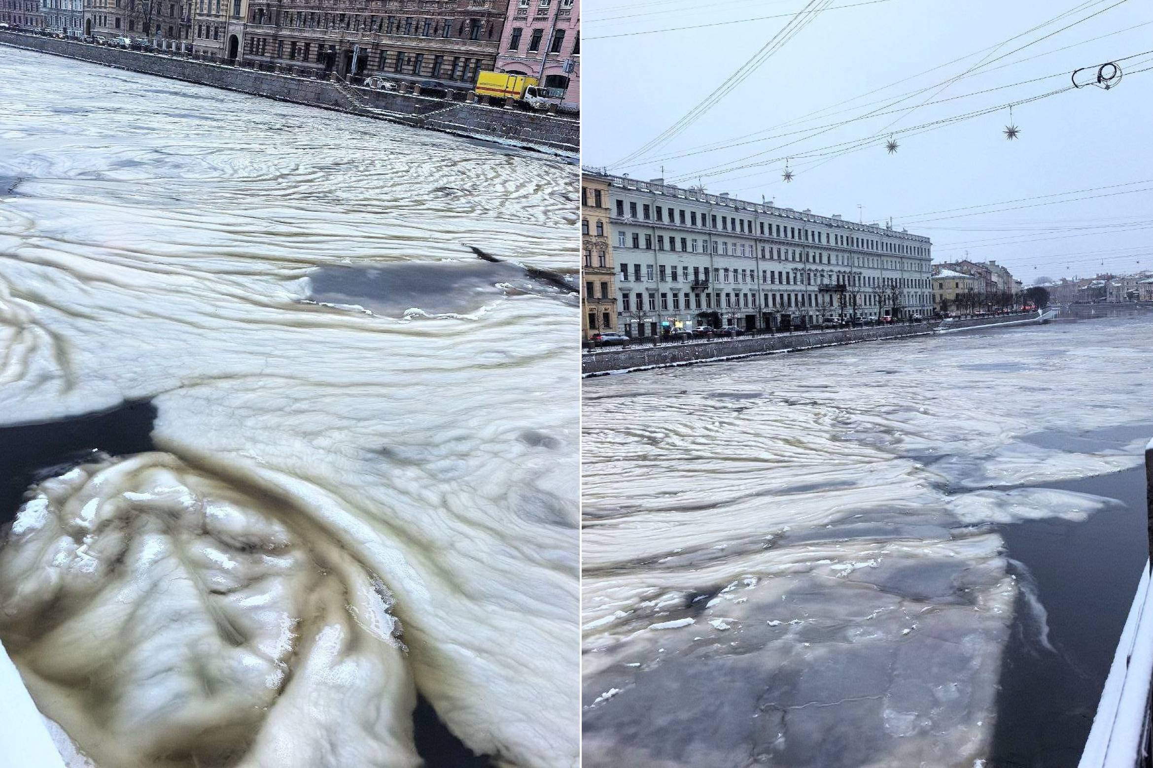 Редкое явление: Фонтанку в Петербурге затянуло ледяным салом
