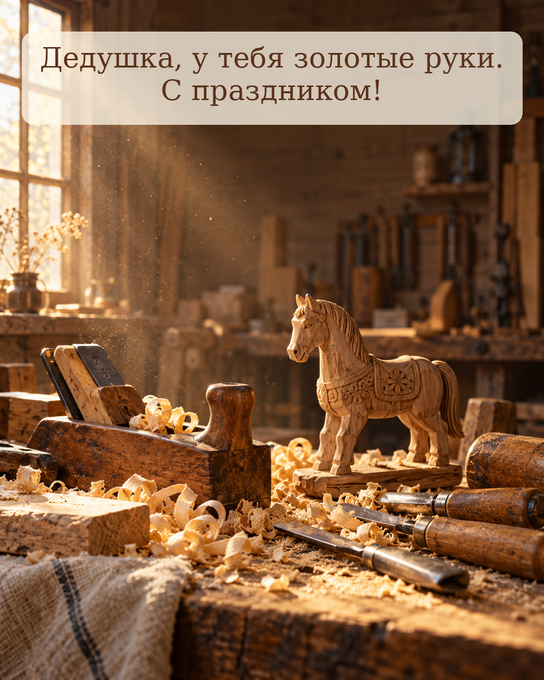 Поздравительная картинка дедушке с золотыми руками. ИИ-иллюстрация: создано редакцией Life.ru с использованием ChatGPT (OpenAI)