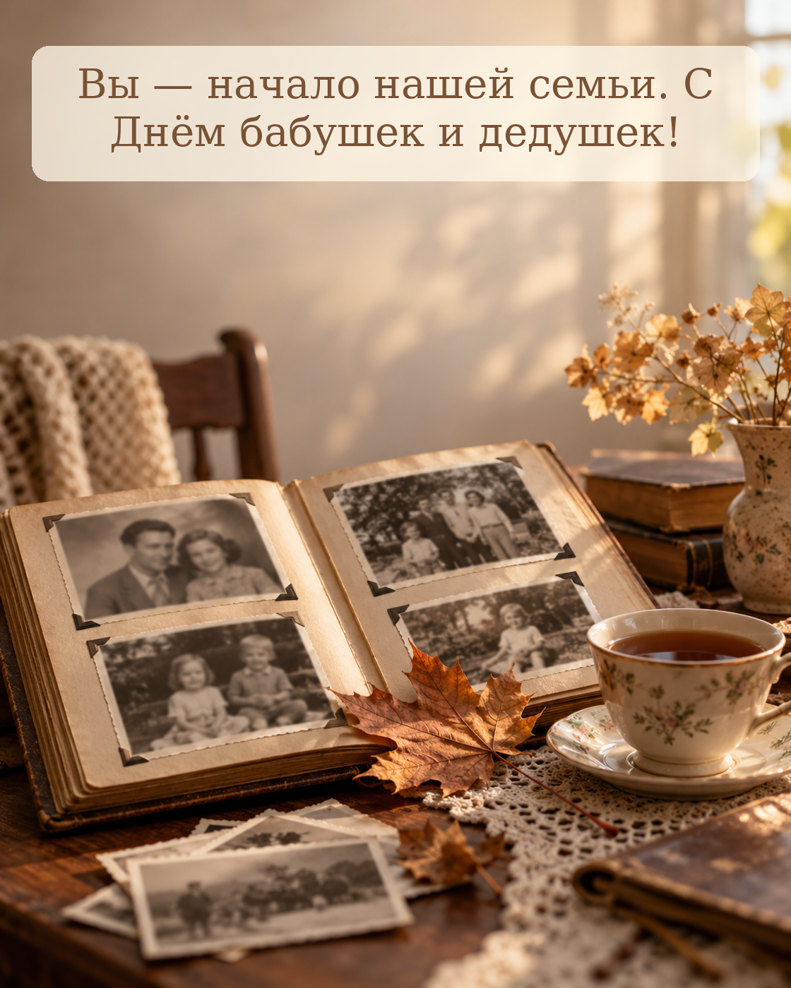 Открытка бабушке и дедушке с семейным фотоальбомом. ИИ-иллюстрация: создано редакцией Life.ru с использованием ChatGPT (OpenAI)