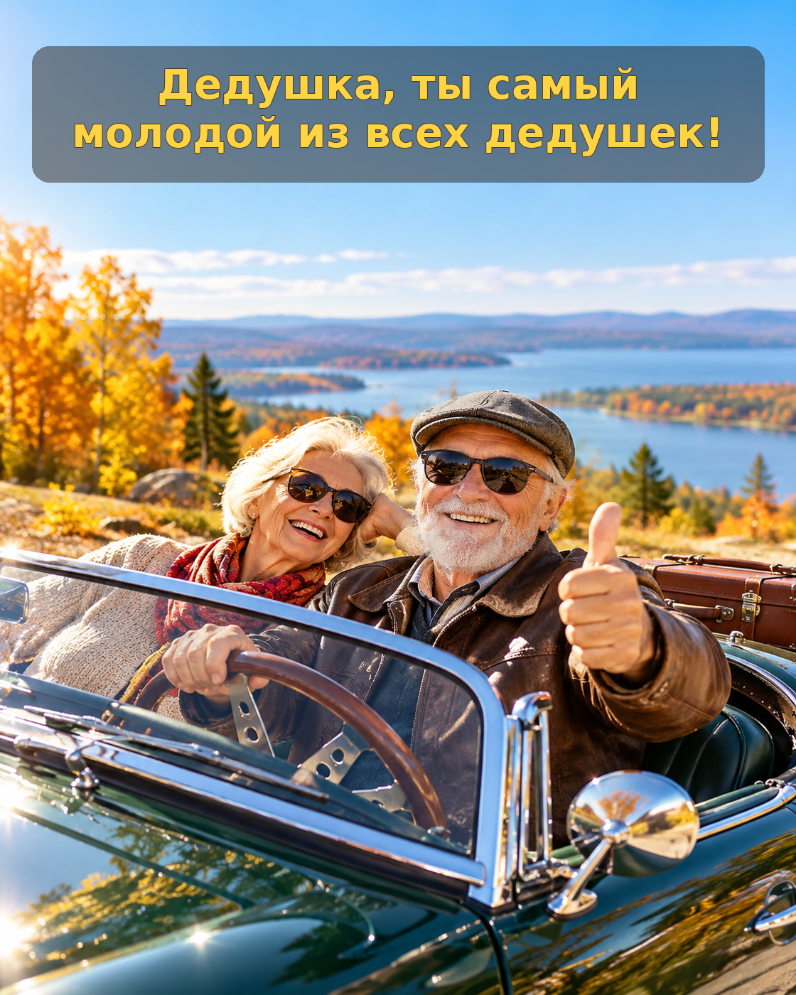 Прикольная открытка дедушке за рулём автомобиля. ИИ-иллюстрация: создано редакцией Life.ru с использованием ChatGPT (OpenAI)