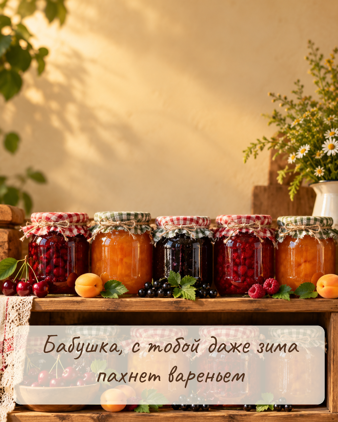 Открытка бабушке на 28 октября с банками варенья. ИИ-иллюстрация: создано редакцией Life.ru с использованием ChatGPT (OpenAI)