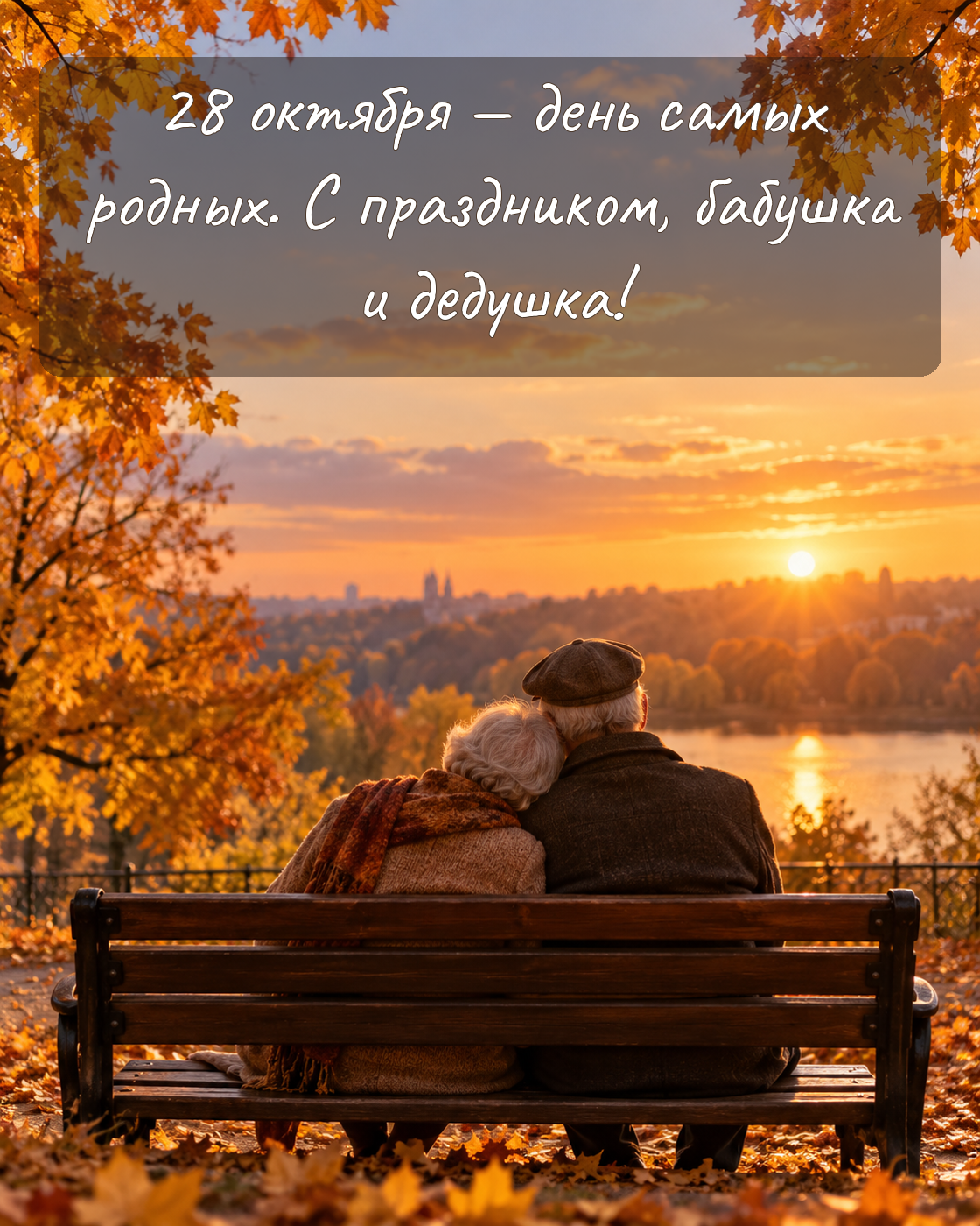 Красивая картинка с Днём бабушек и дедушек: пара в осеннем парке. ИИ-иллюстрация: создано редакцией Life.ru с использованием ChatGPT (OpenAI)