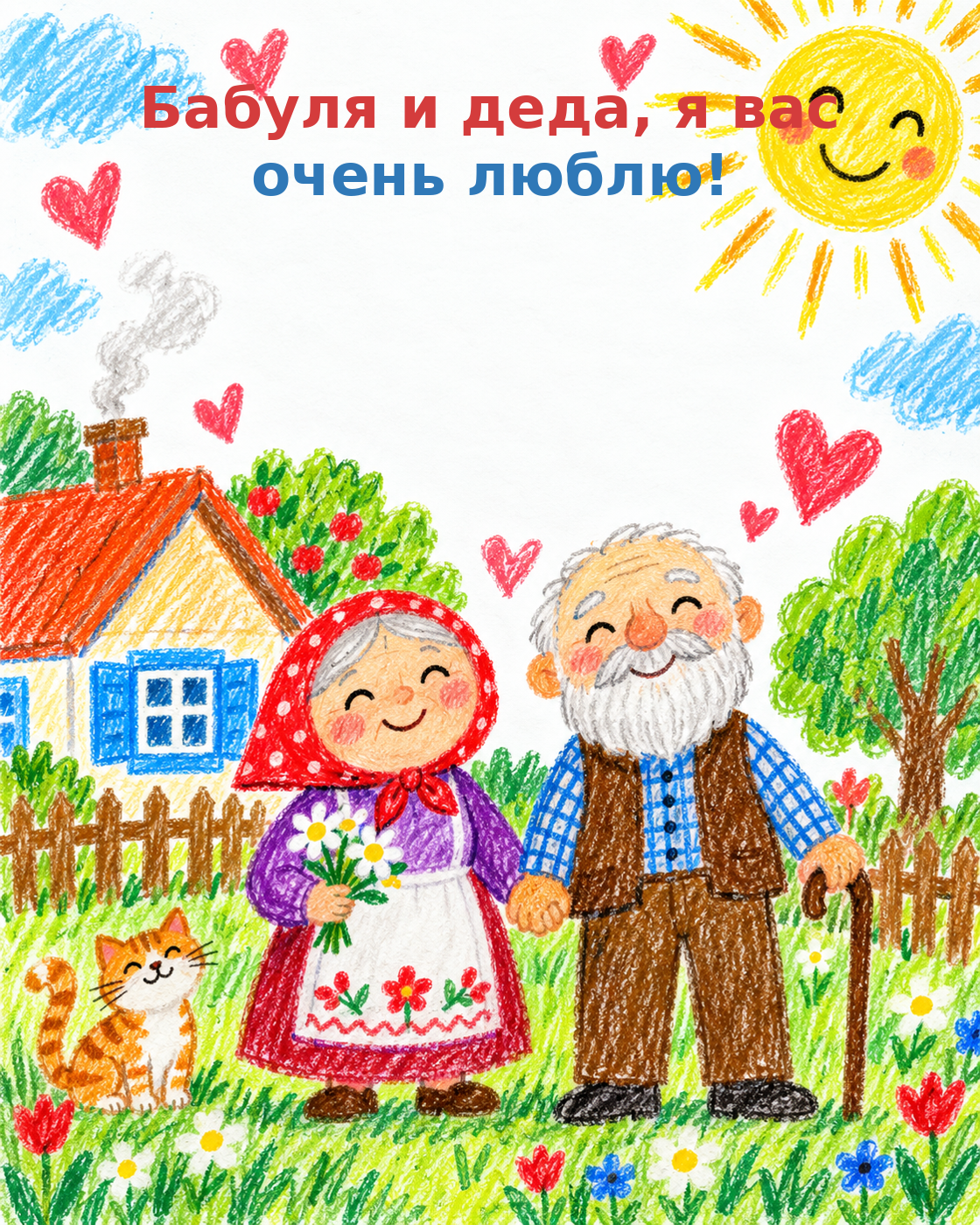 Открытка от внуков с Днём бабушек и дедушек в стиле детского рисунка. ИИ-иллюстрация: создано редакцией Life.ru с использованием ChatGPT (OpenAI)