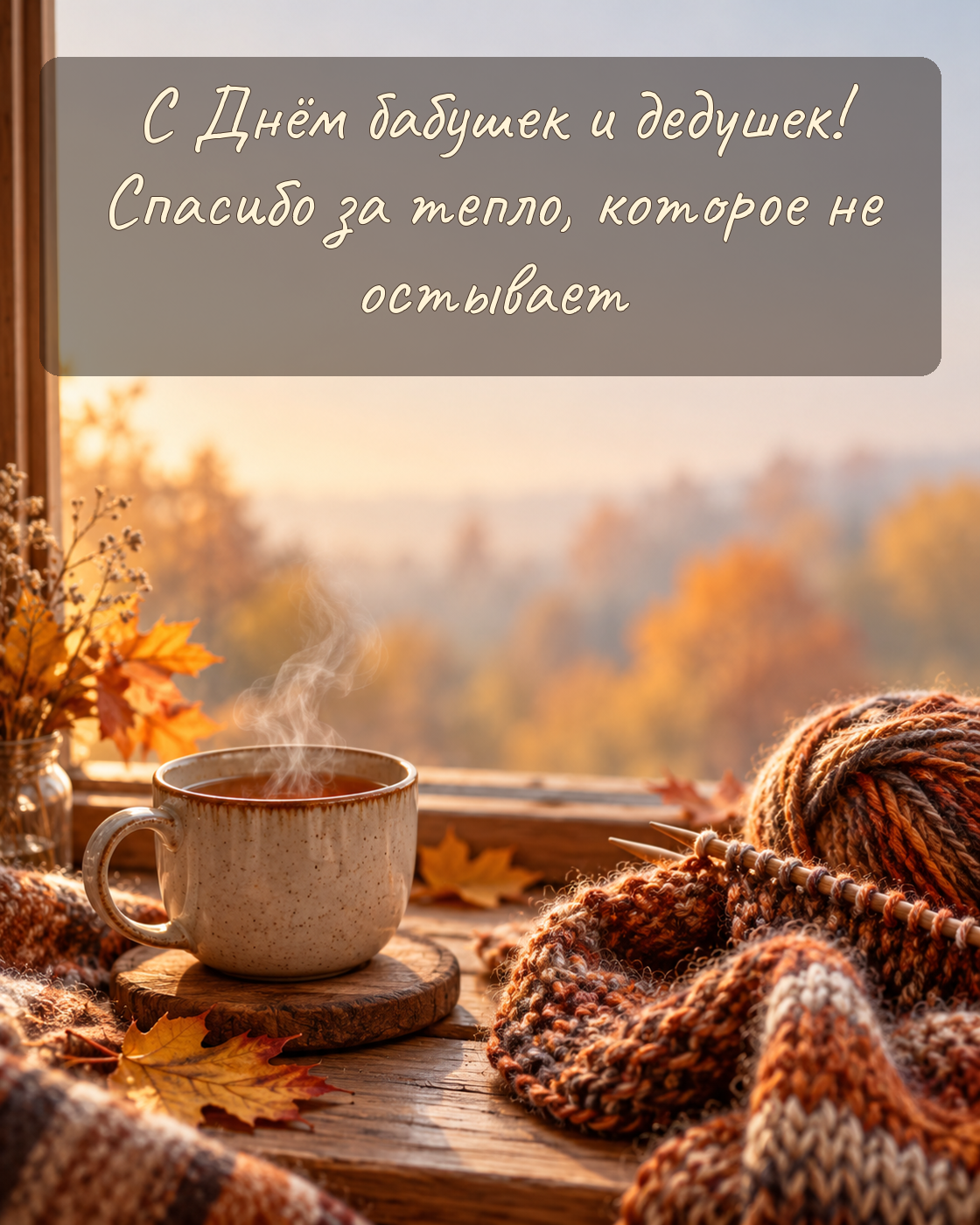 Открытка с Днём бабушек и дедушек: чай и вязание на подоконнике. ИИ-иллюстрация: создано редакцией Life.ru с использованием ChatGPT (OpenAI)