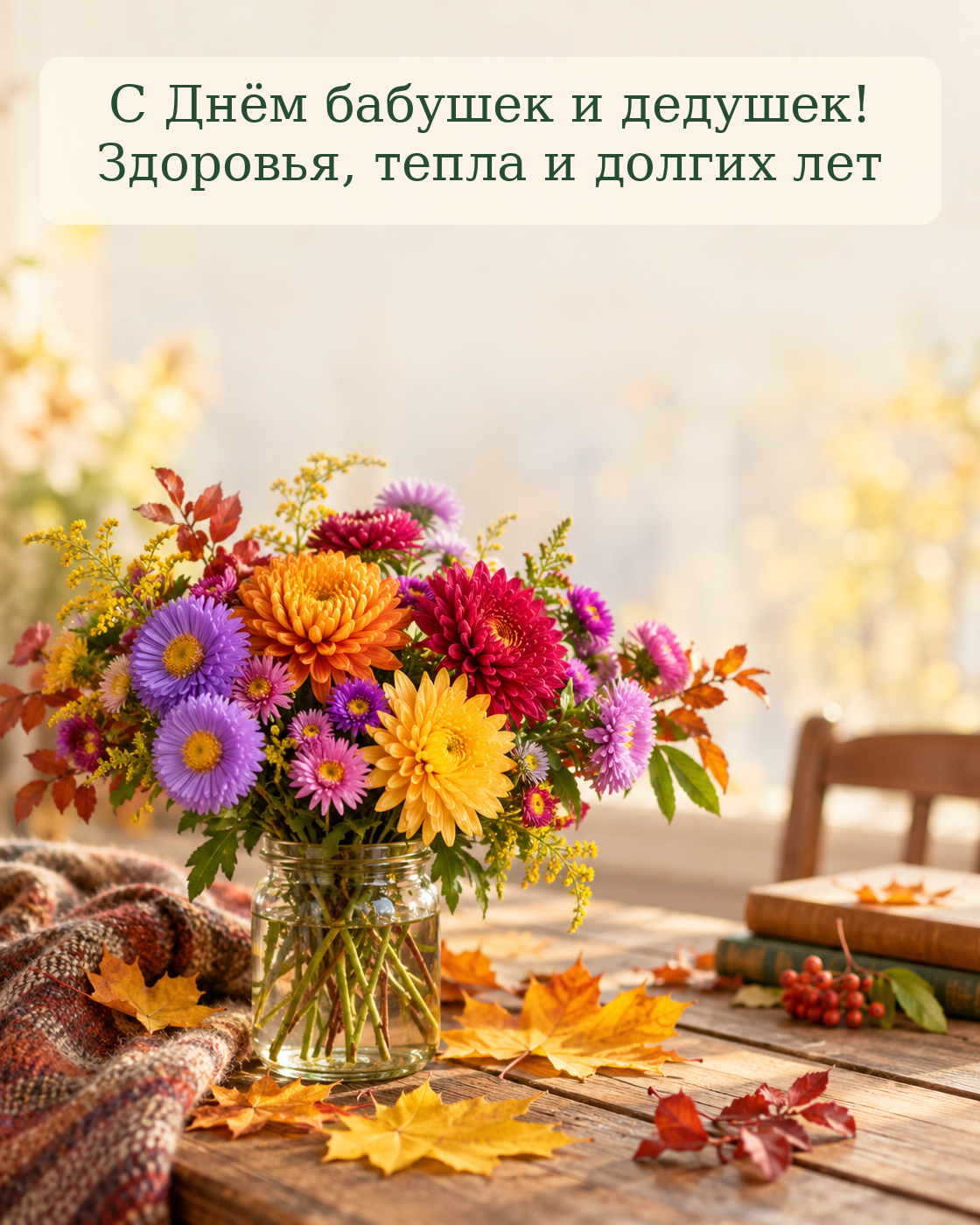 Открытка с Днём бабушек и дедушек с осенними цветами. ИИ-иллюстрация: создано редакцией Life.ru с использованием ChatGPT (OpenAI)