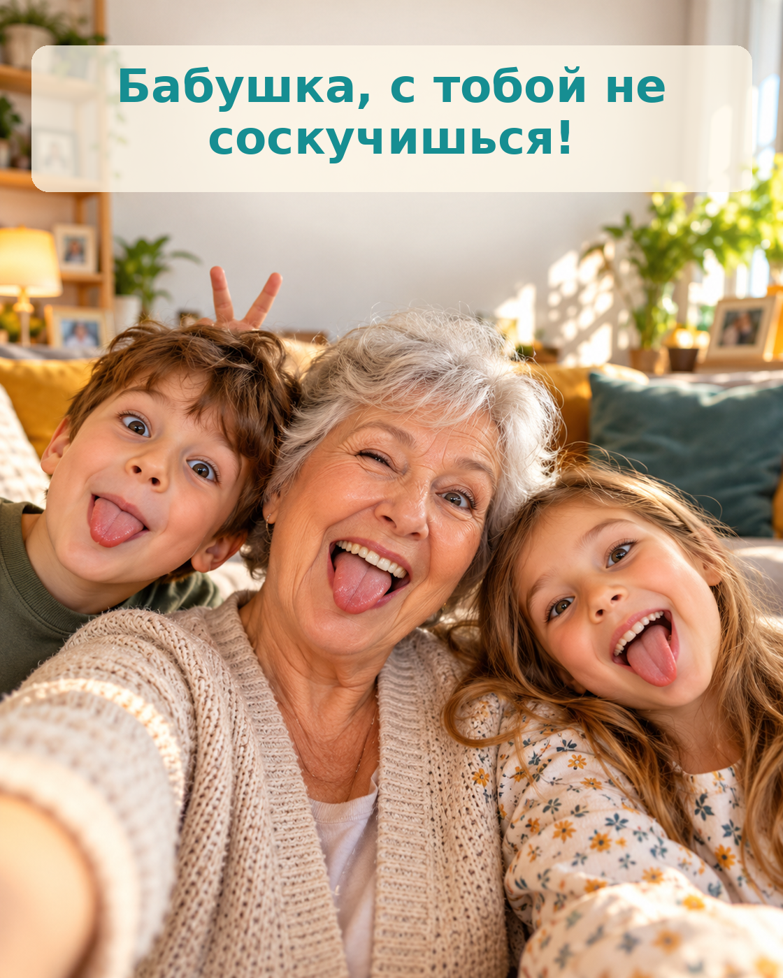 Прикольная картинка с бабушкой и внуками на весёлом селфи. ИИ-иллюстрация: создано редакцией Life.ru с использованием ChatGPT (OpenAI)