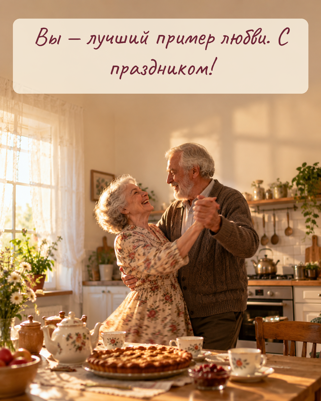 Поздравительная открытка с танцующими бабушкой и дедушкой. ИИ-иллюстрация: создано редакцией Life.ru с использованием ChatGPT (OpenAI)