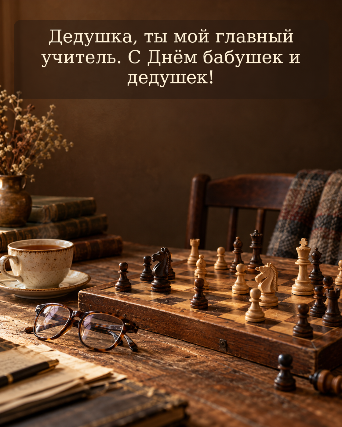 Картинка для дедушки на праздник с шахматами и чашкой чая. ИИ-иллюстрация: создано редакцией Life.ru с использованием ChatGPT (OpenAI)