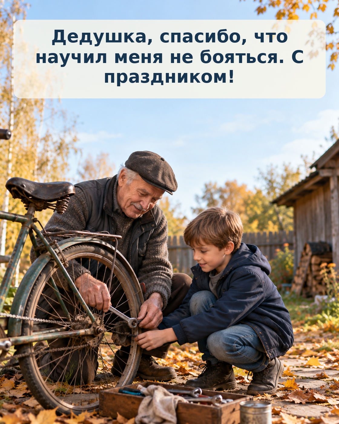 Открытка для дедушки: ремонт велосипеда вместе с внуком. ИИ-иллюстрация: создано редакцией Life.ru с использованием ChatGPT (OpenAI)