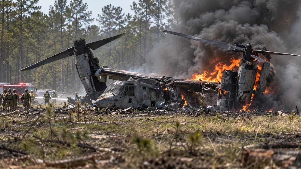 Военный конвертоплан Osprey загорелся при жёсткой посадке в США