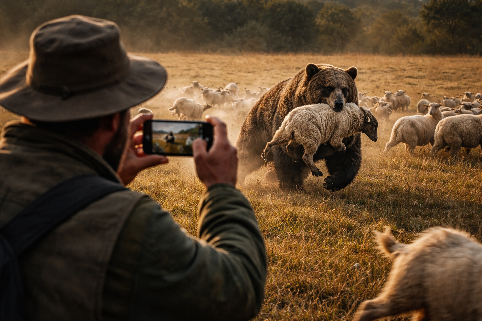 &laquo;Мало травы, мясо хочет&raquo;: Пастух спас стадо овец от оголодавшего за зиму медведя &mdash; видео