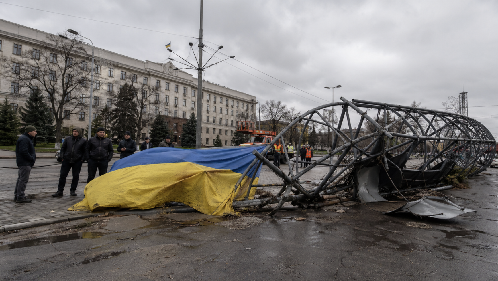 В центре Запорожья рухнула конструкция с украинским флагом, местные посчитали это символом перемен