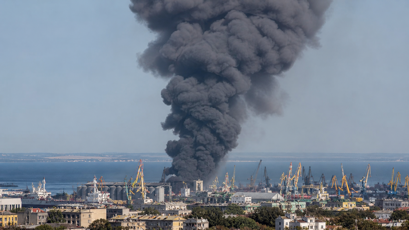Огромный столб дыма поднялся в районе морского порта Одессы после взрыва