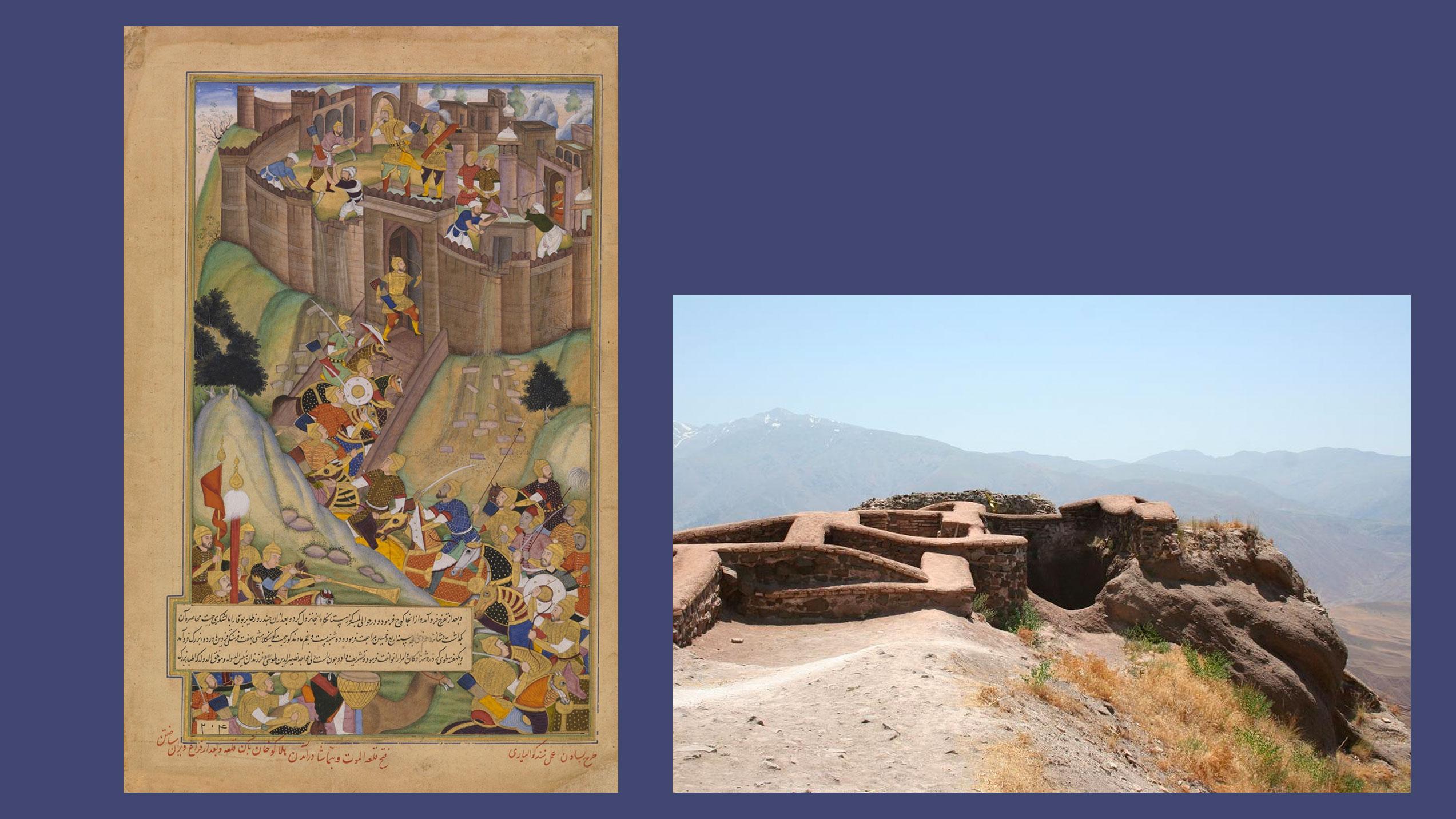 Хулагу разрушает крепость Аламут. Персидская миниатюра XVI века. / Руины Аламута (2006 год). Фото © Wikipedia